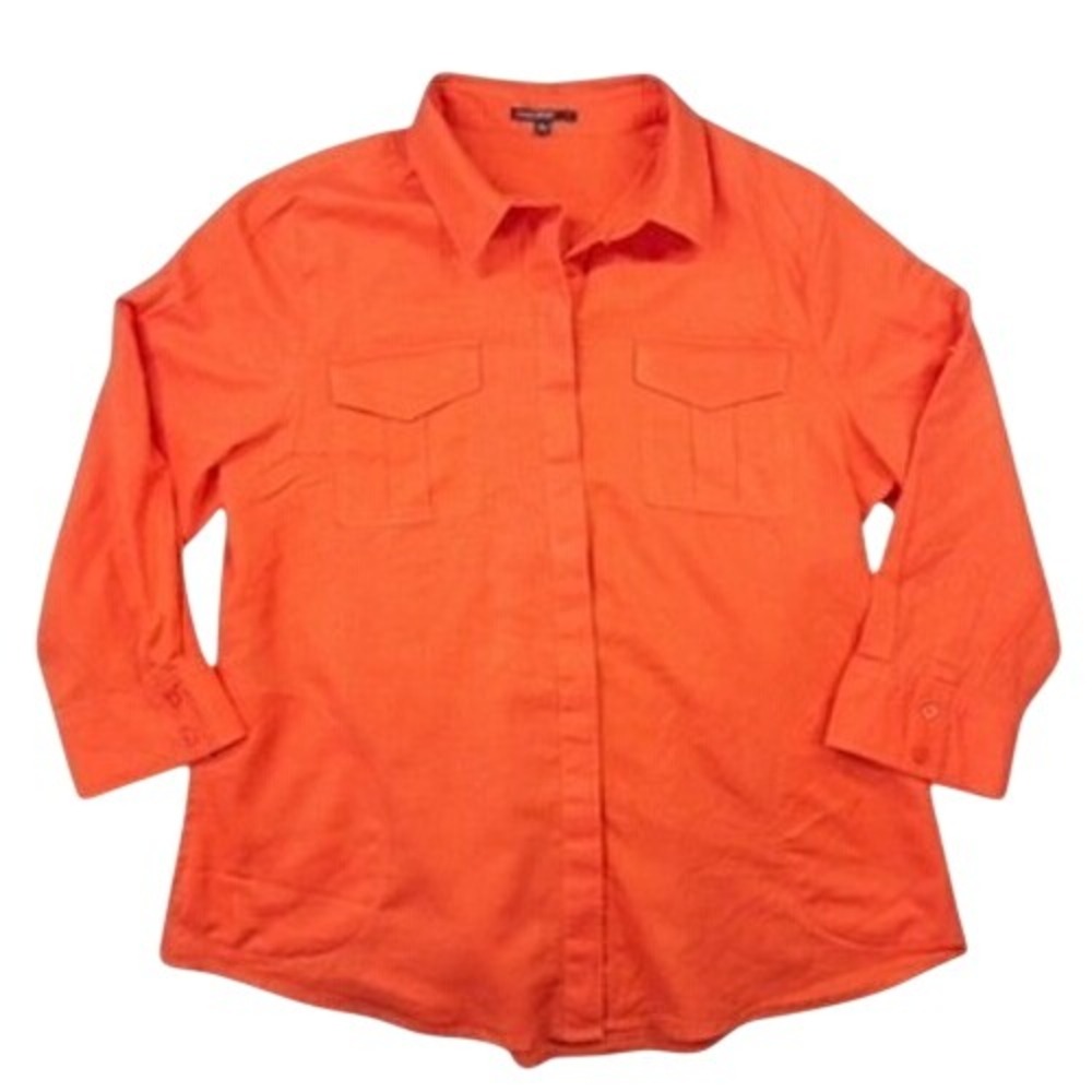 Chaus Sport Button Down Shirt Womens L Orange Linen Blend 3/4 Sleeve Utility